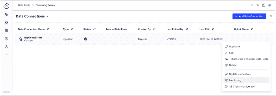 Screenshot showing the options menu on the Data Connections screen with the Monitoring option selected. Screenshot showing the options menu on the Data Connections screen with the Monitoring option selected.