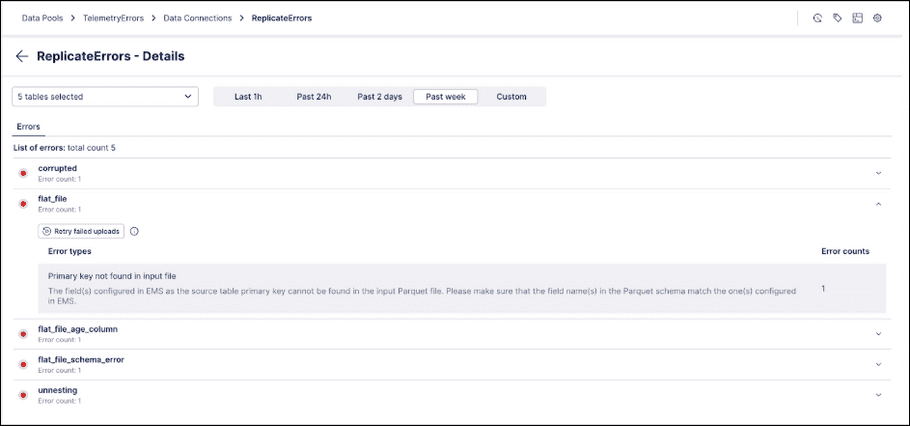 Screenshot showing errors on the Monitoring screen with the flat_file error expanded. Screenshot showing errors on the Monitoring screen with the flat_file error expanded.